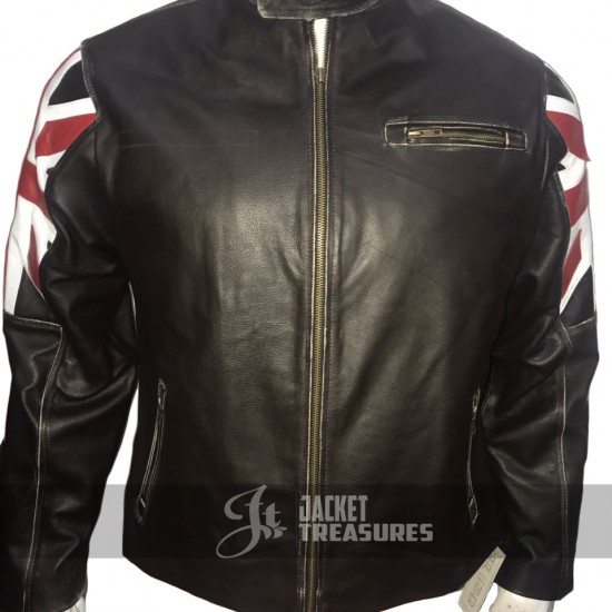 UK Flag Cafe Racer Vintage Style Distressed Brown Leather Jacket