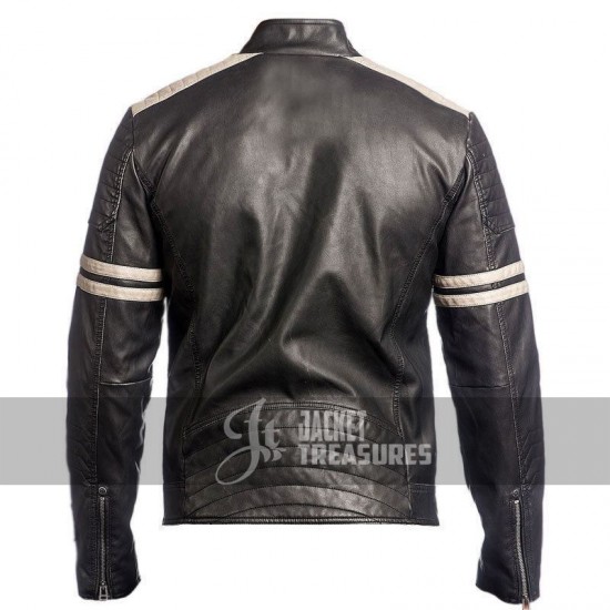 New Men's Black Slim Fit Cafe Racer Vintage Motorcycle Jacket