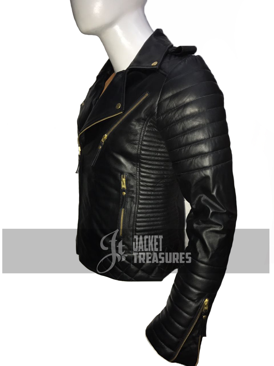 New Men's Padded Shoulders Quilted Motorcycle Black Leather Jacket